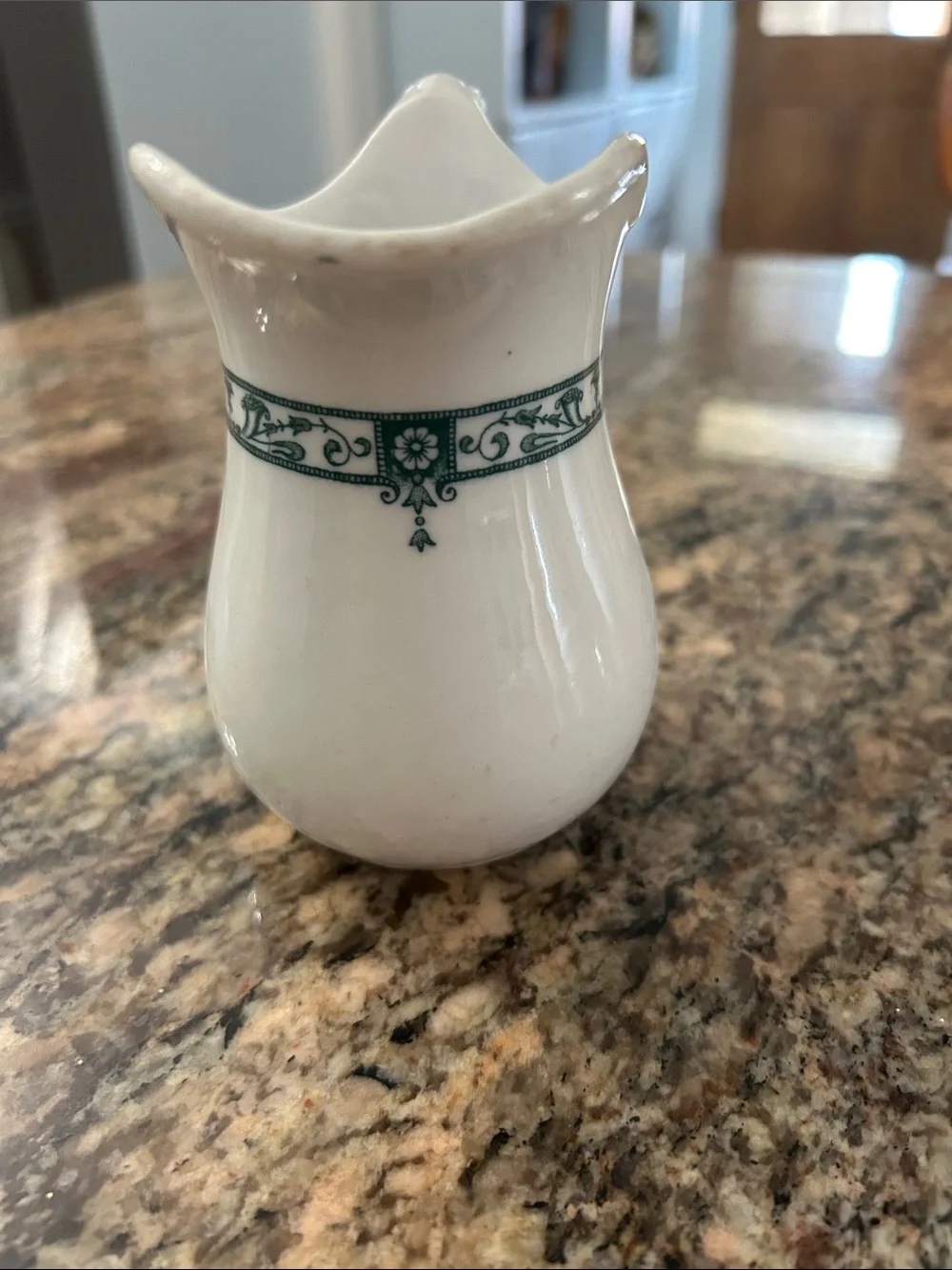 Vintage Classic White Ceramic Creamer Pitcher with Green Scroll Band